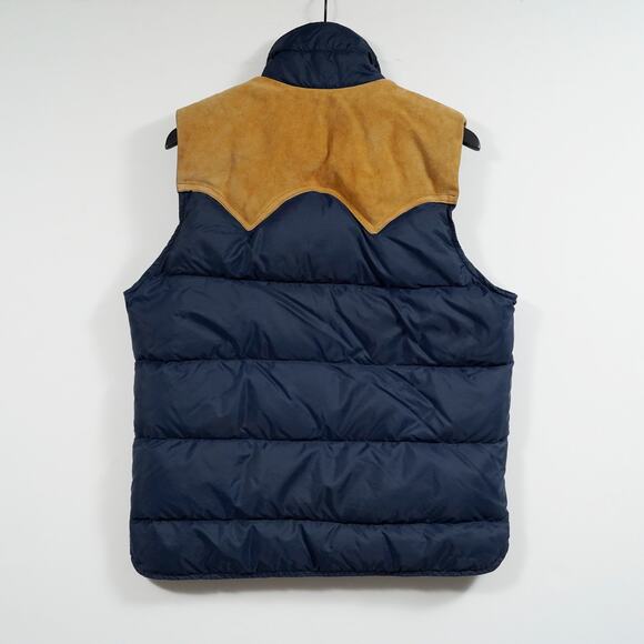 Vintage Woolrich Down Puffer Vest Suede Yoke Navy Brown Men’s Medium - Picture 3 of 11